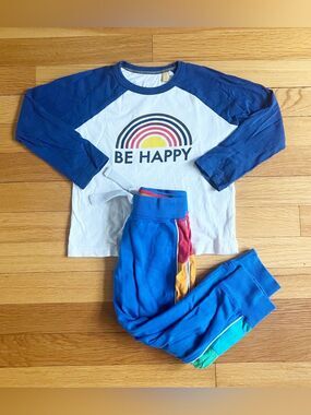 Mini Boden Rainbow Colorful Raglan Cotton Shirt & Little Bird Blue Joggers 2 3 4